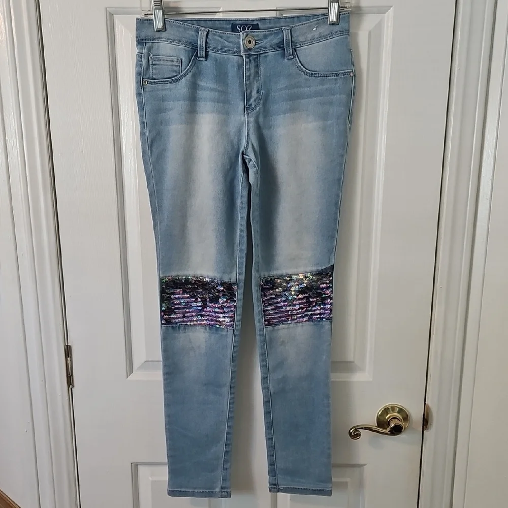Blue Jeans with Sequined Knee Panels. Size 14